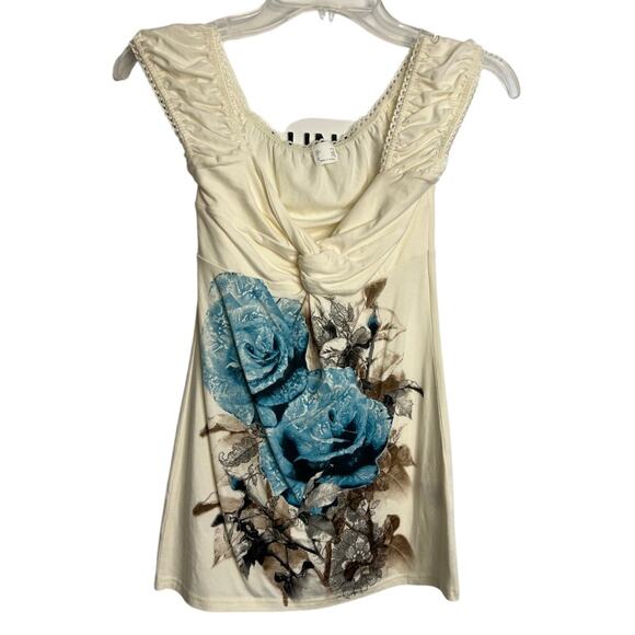 Womens Ivory Cap Sleeve Blue Rose Floral Graphic Top Small - Picture 1 of 6